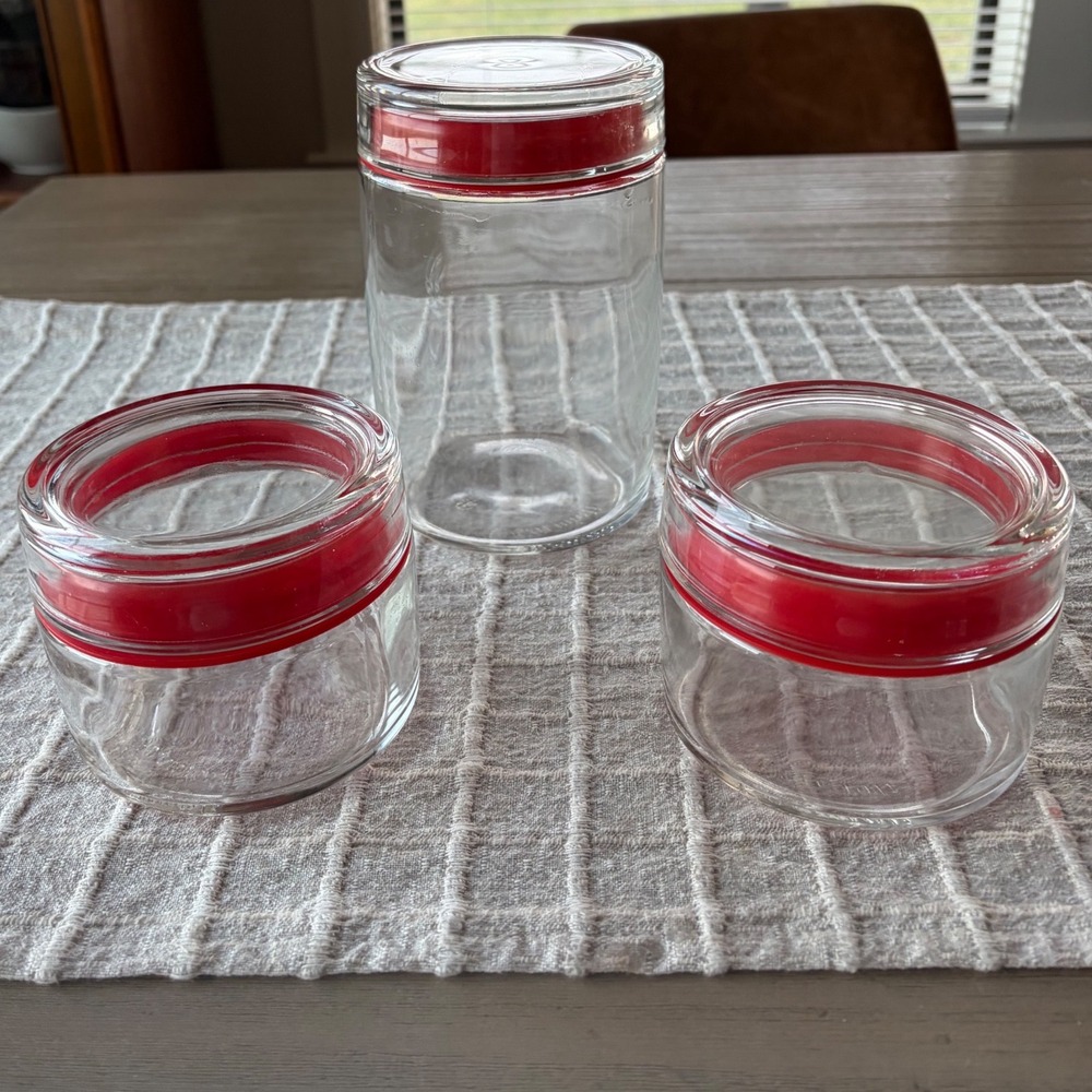 Bormioli Rocco Italy Glass Canister Set 3 Red Seal Kitchen Storage Jars Vintage